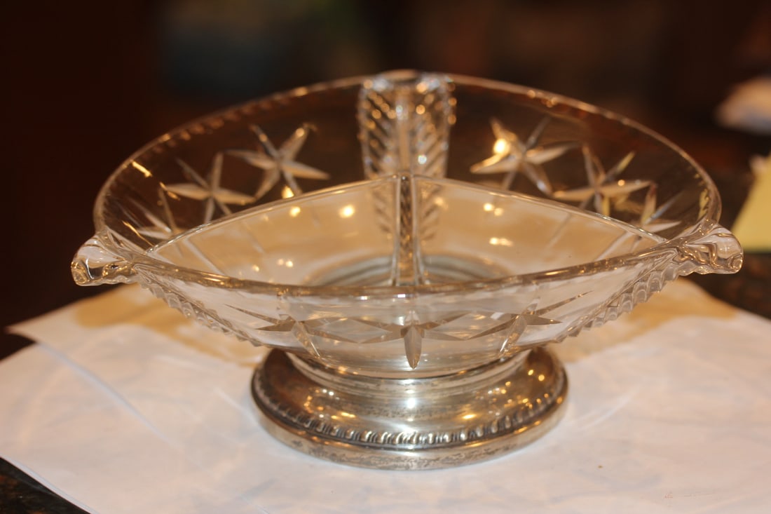 Sterling Rim GlassDivided Bowl: marked sterling rim cut and press glass - 8 1/4" in diameter