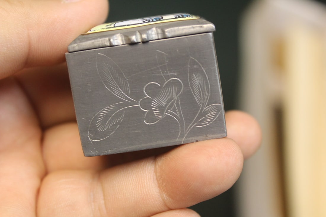 Antique Chinese Pewter Enamel Pill Box - 2
