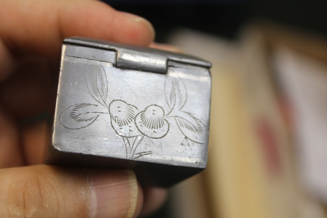 Antique Chinese Pewter Enamel Pill Box - 8