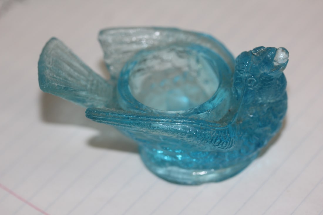 Blue Glass Candle Holder: bird motief - 3 inches across