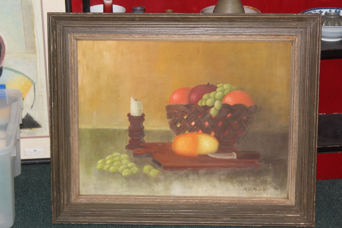 Signed MV Magner Oil on Canvas Painting: still life - framed - overall= 29 5/8" x 23 3/4"