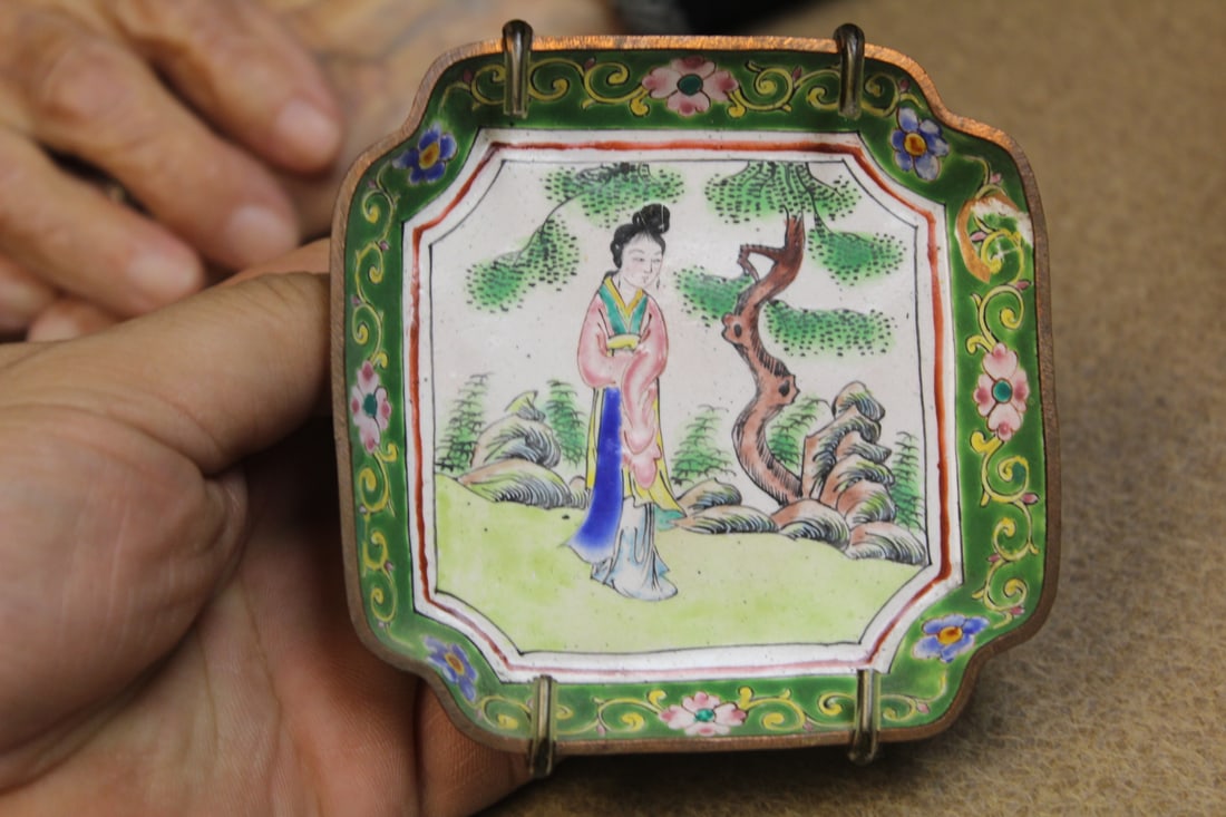 Antique Enamel Chinese Square Dish: marked "China" - 3 5/8" square - please note: losses as shown