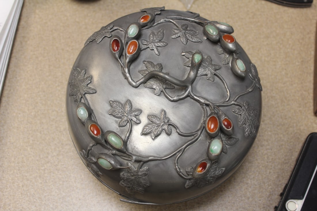 Chinese Pewter Box with Insert Jewels: please check all images out for conditioning - 7 1/8" in diameter