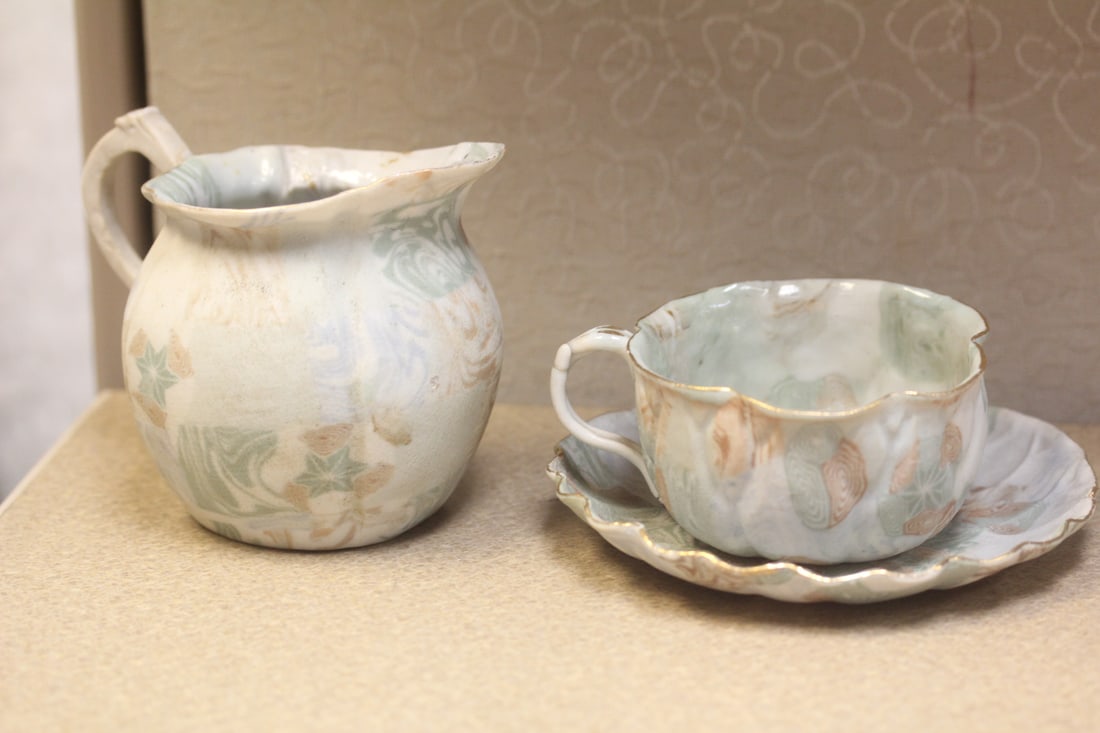 Lot of 3 Ceramic Articles: to include cup and saucer and creamer - saucer= 5 1/4" wide - possibly 19th century