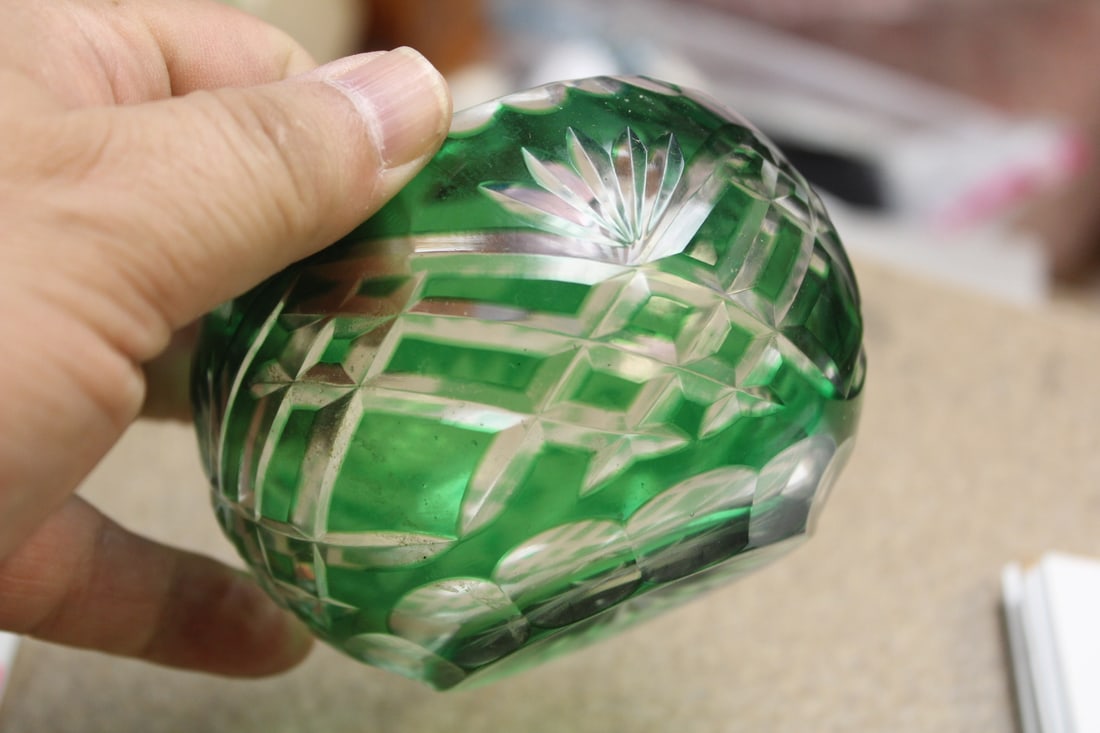 Small Cut Glass Green Bowl - 2