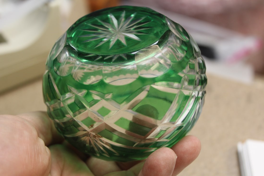 Small Cut Glass Green Bowl - 3