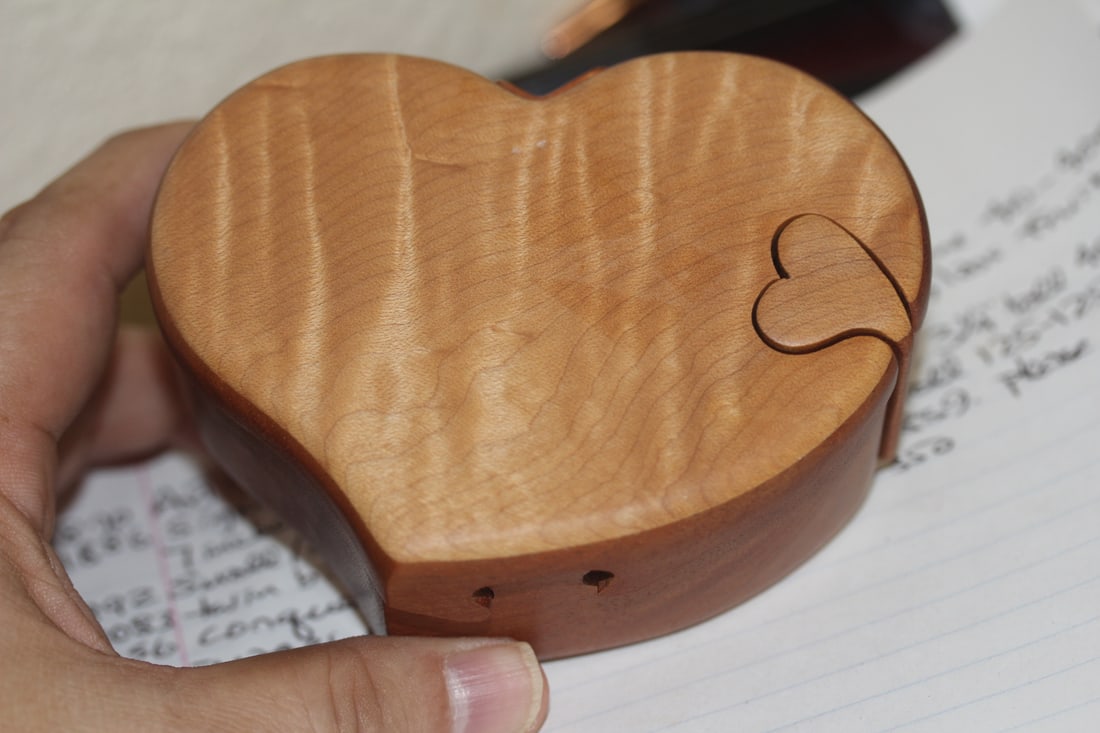 Paul Yacoe Heart Shape Puzzle Box: signed - bird's eye wood - 4 1/4" across