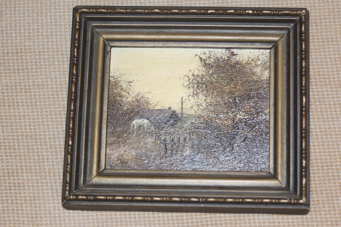Vintage Miniature Oil on Board Painting: framed - overall= 6 1/4" x 5 1/4"