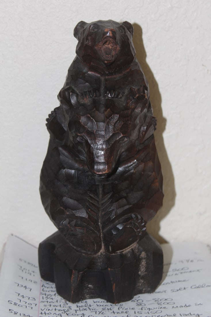 Chinese Carved Wooden Bear: signed- with cub - 9 1/4" tall