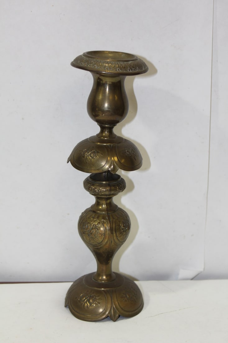 A Single Brass Ornate Candlestick - 2
