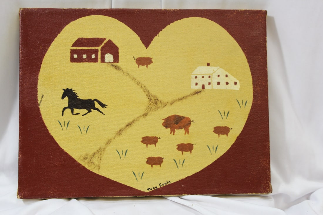 A Vintage Print on Canvas of a Horse and a Pig: unframed - signed: Toby Soule - 12" x 9" - possibly a painting