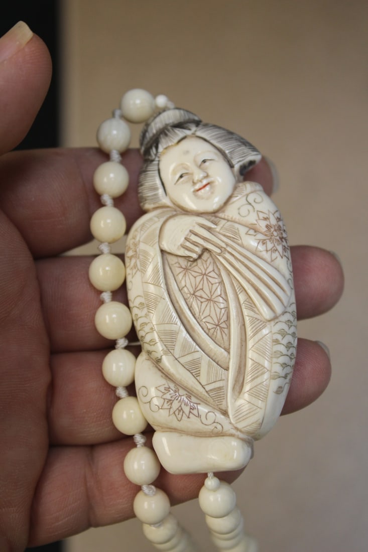Japanese Signed Bone Necklace - 2