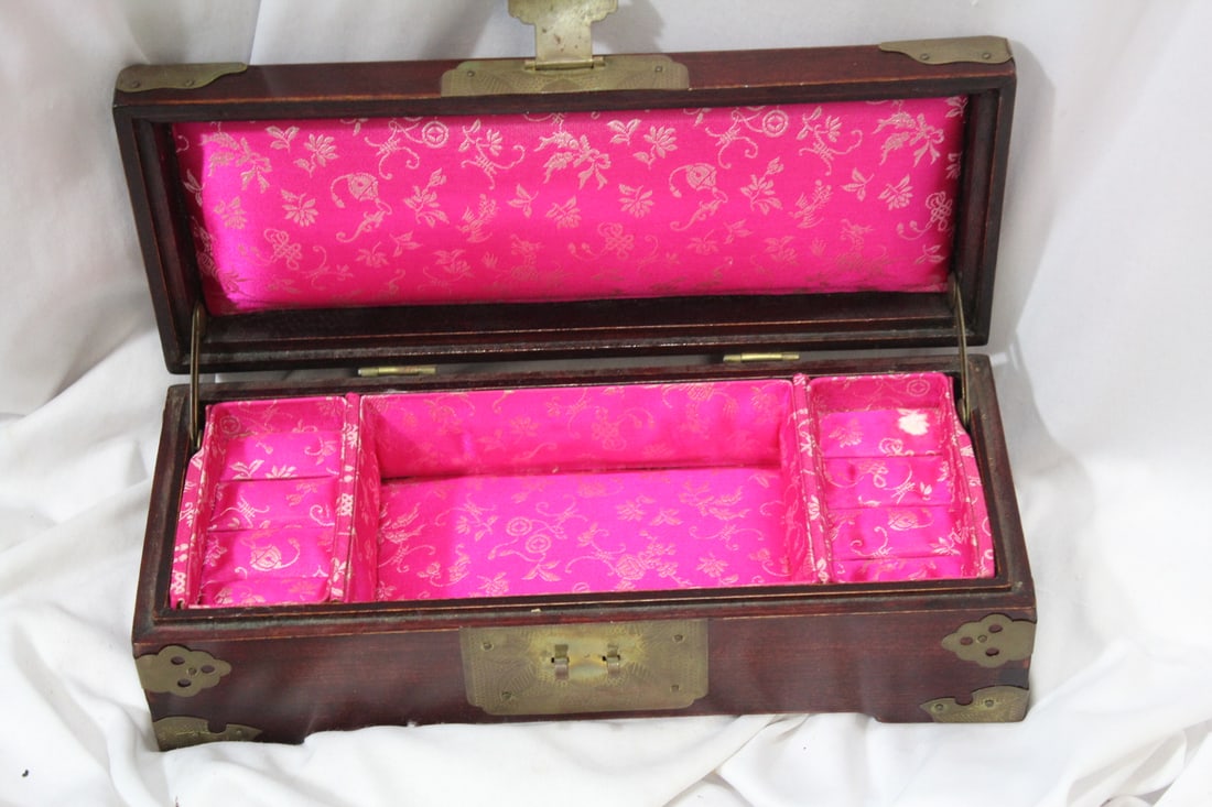 A Chinese Rosewood and 3 Jades Jewelry Box - 3