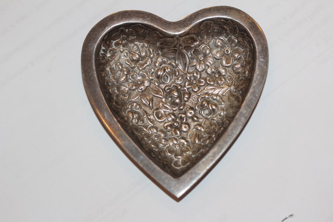 Stieff Repousse Sterling Trinket Dish: heart shape - 3 1/4" across
