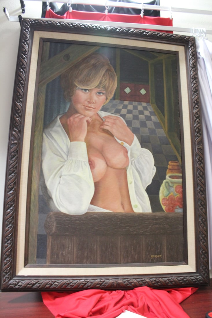 An Oil on Board of a Pin Up Girl: by listed artist Benkelaer - 1970's - overall= 43" x 31"
