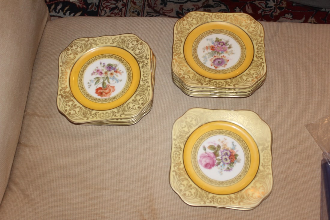 Lot or Set of 10 Bavarian Square Bread Plates: Bavaria, Tirschenreuth - 3 different pattern - (2 set of 4) and (1 set of 2) - 7 7/8" square each