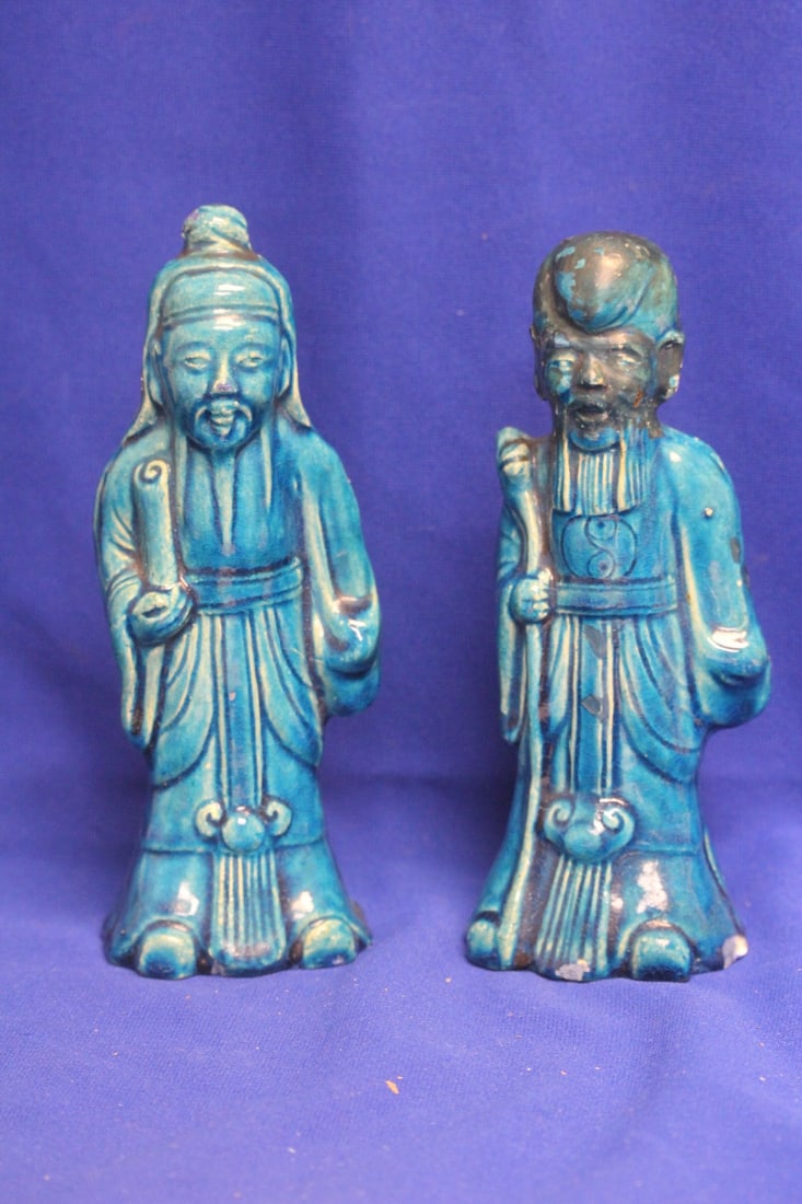 Lot of 2 Antique Chinese Torquise Glazed Sages: 18th/19th century - please note: paint peeling , paint loss - 8 inches tall each