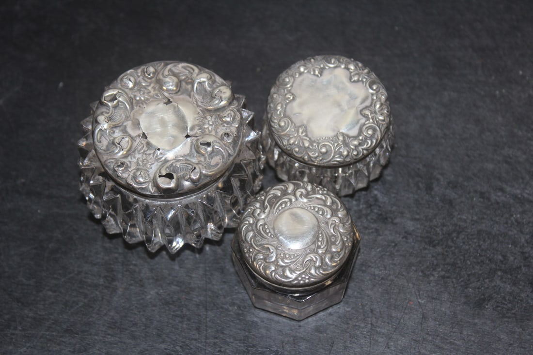 Lot of 3 Sterling Top Glass Ink Wells (1 of 6)