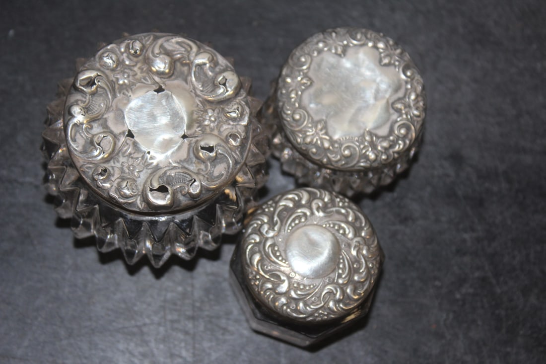 Lot of 3 Sterling Top Glass Ink Wells - 2