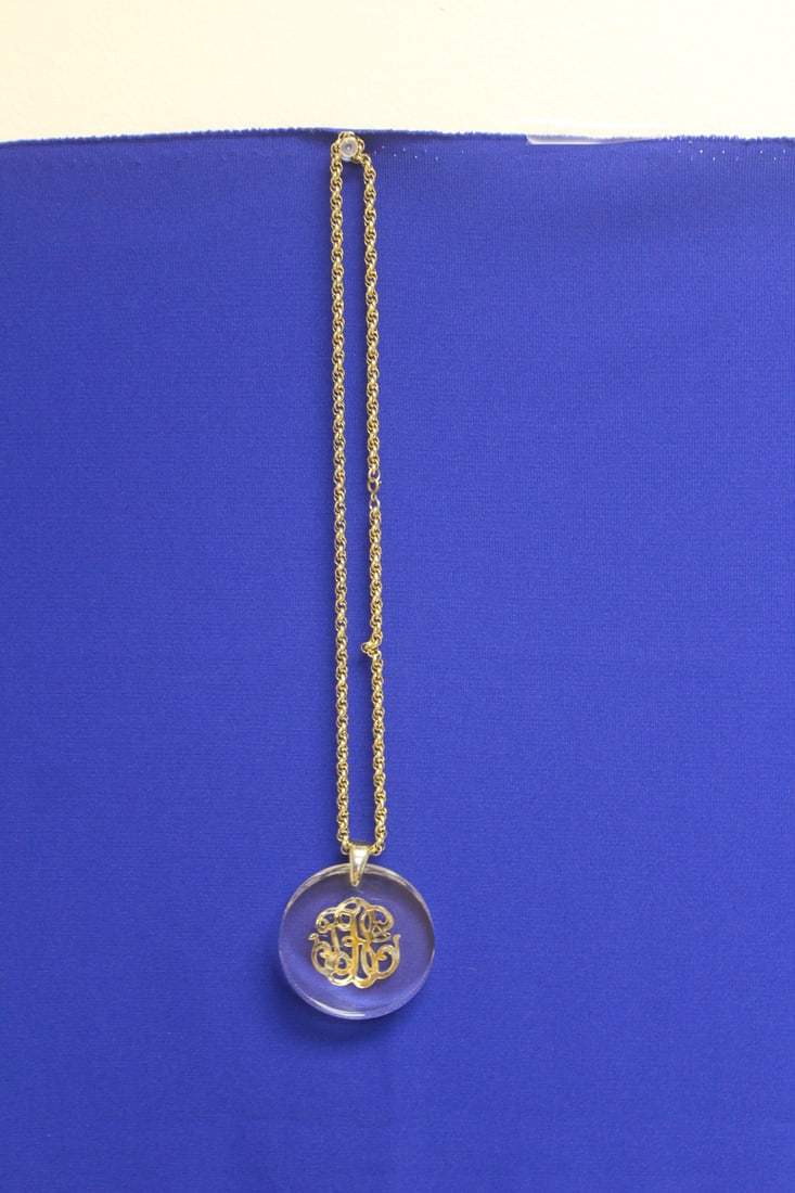 Lucite Costume Pendant and Chain: pendant= 2 1/2" in diameter - possible Castlecliff - chain only= 11 1/2" when clasped