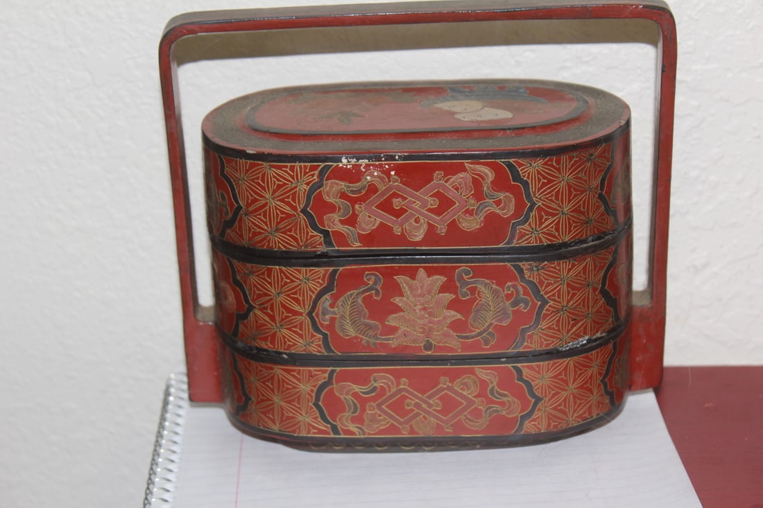 Antique/Vintage Lacquer Box: Chinese - possibly for food - appeared to be old - 7" tall by 7" wide