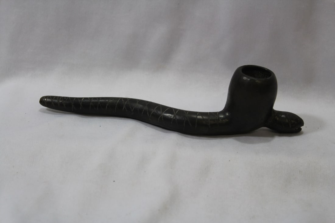 An African Ceramic Snake Form Pipe: 7 3/8" long - tribe unknown
