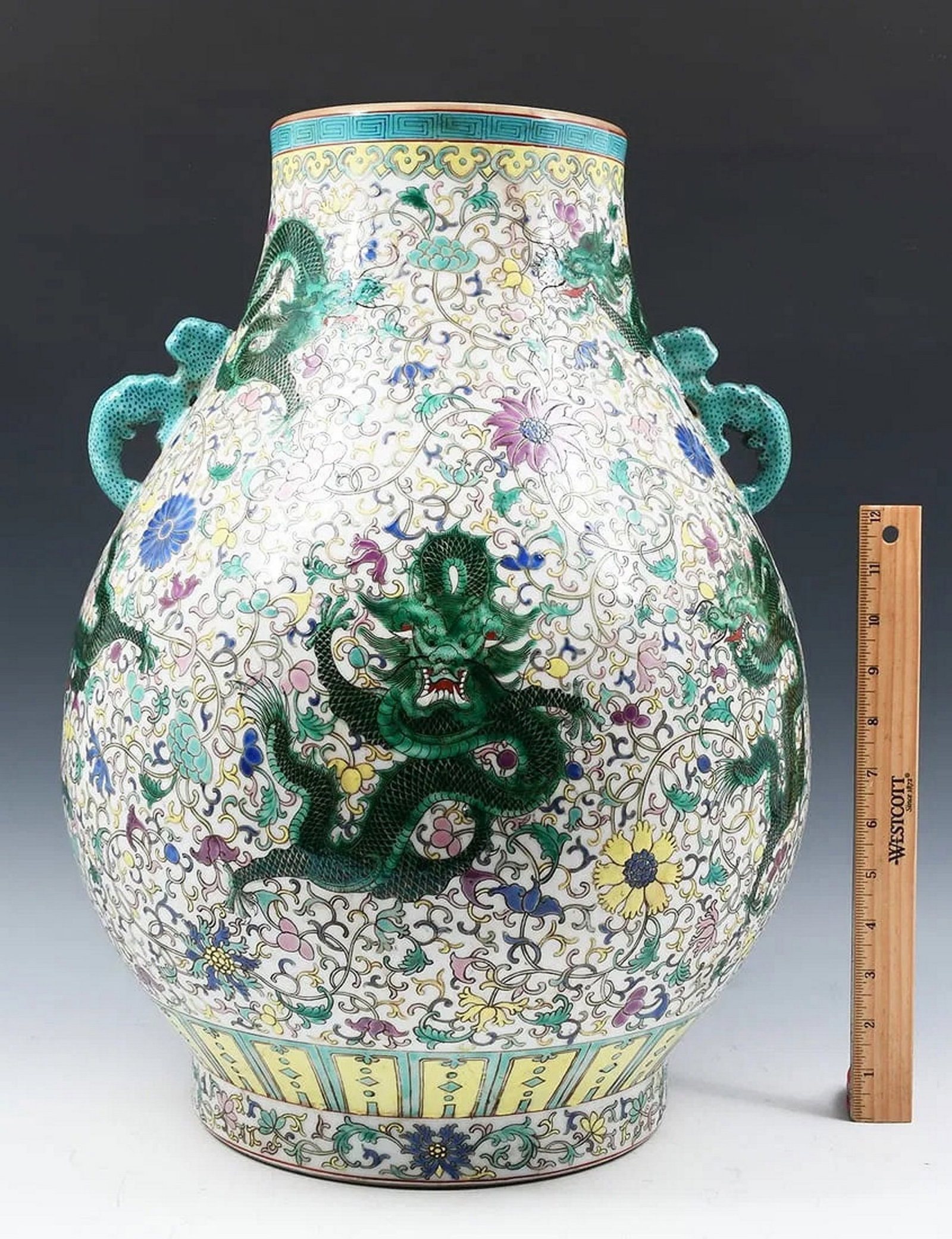 Large Chinese Famille Rose Porcelain Vase: 19 3/4" inches tall x 11inches wide - please note: a few scattered scuffs - consistent with age and use