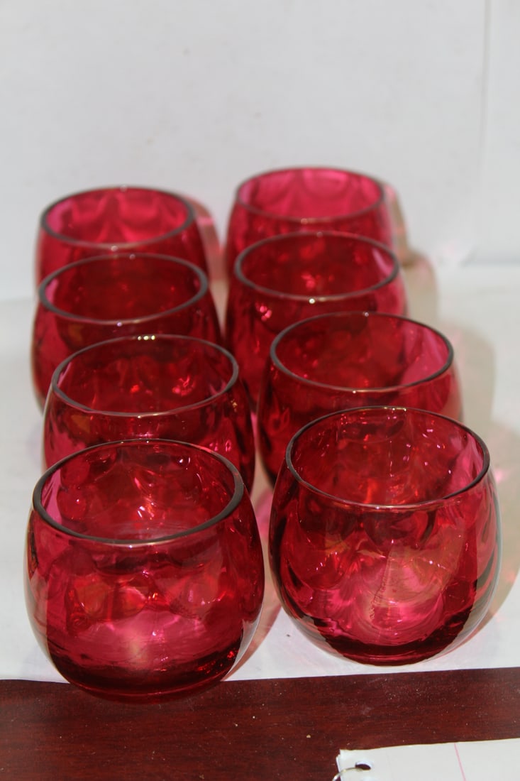 Lot of 8 Cranberry Glass Cups: 2 1/2" tall each