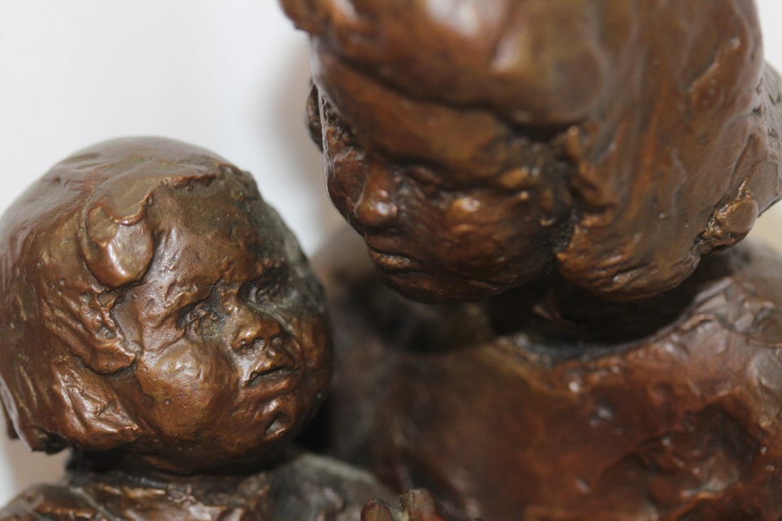 A Heavy Signed Bronze Statue of a Mother and Child - 2