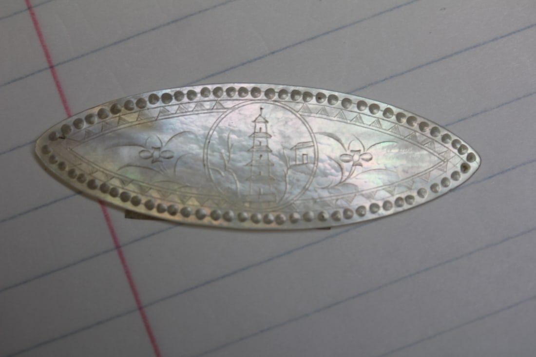 Mother of Pearl pendant: antique/vintage, Chinese, carved on both sides, pendant= 2" long, inside bamboo made box