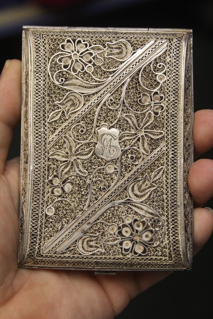 sterling or 800 silver filigree card case: 4 1/4" wide
