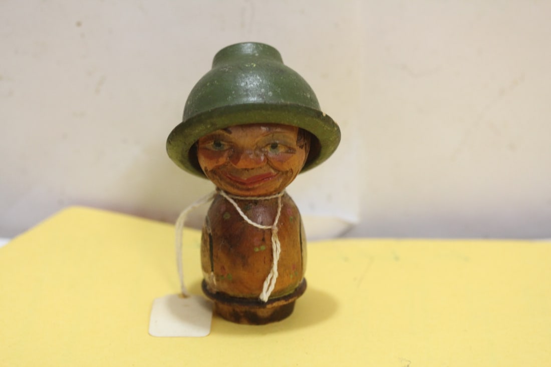 An Antique Figural Stopper: wood - hat moves back and forth - 3 1/2" tall