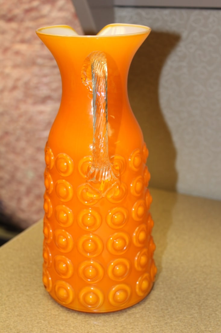 Retro Style Art Glass Orange Pitcher - 2