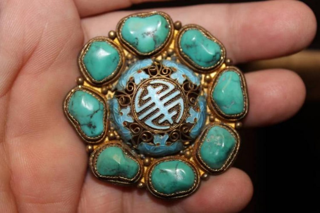 Chinese Filigree and Turquoise / Malachite Brooch - 4