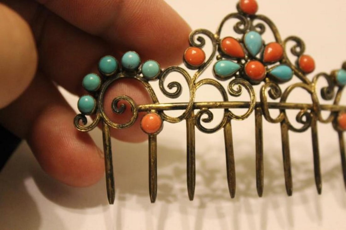 Chinese Coral / Turquoise Silver Hair Ornament - 7
