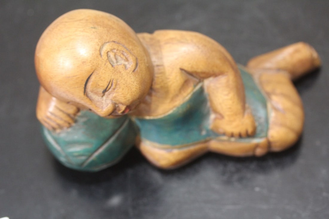 A Wooden Carved Chinese Sleeping Boy - 6