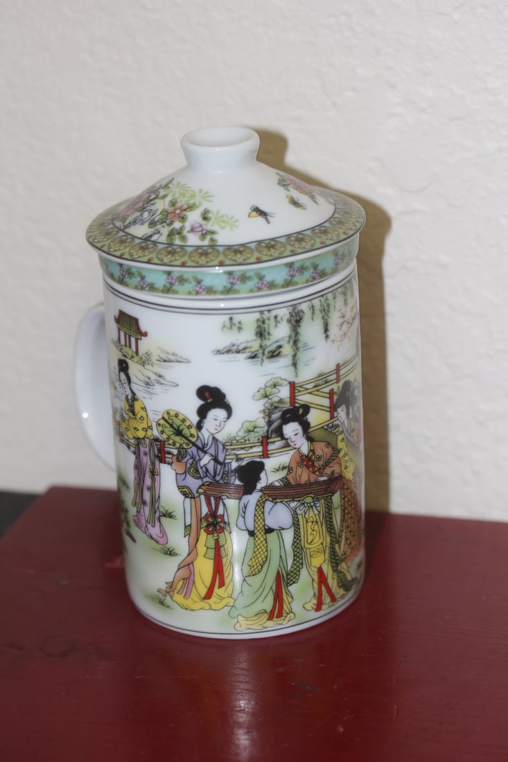Chinese Tea Mug with Strainer: hand painted - 5 7/8" tall