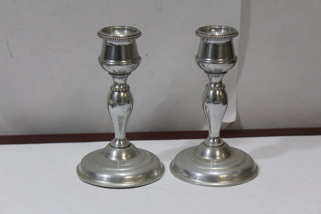 Set of 2 Candle Holders: most likely pewter - 5 1/4" tall each