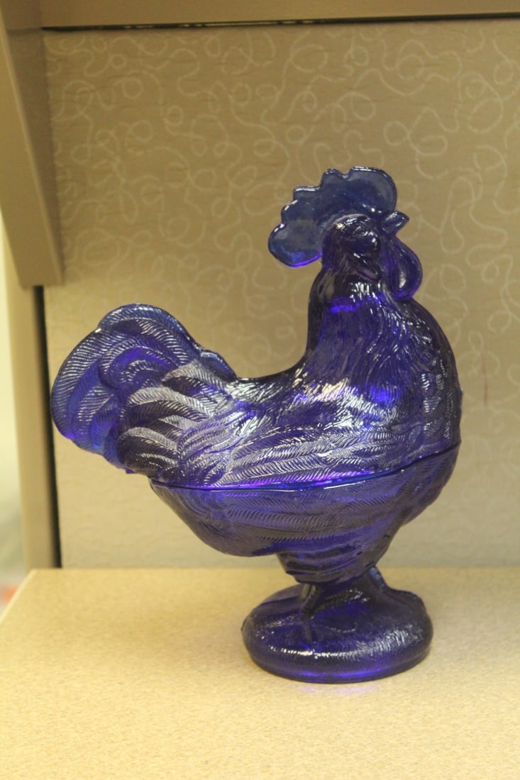 Cobalt Blue Rooster Glass Cover Dish - 2