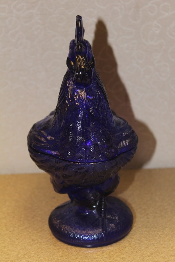 Cobalt Blue Rooster Glass Cover Dish - 4