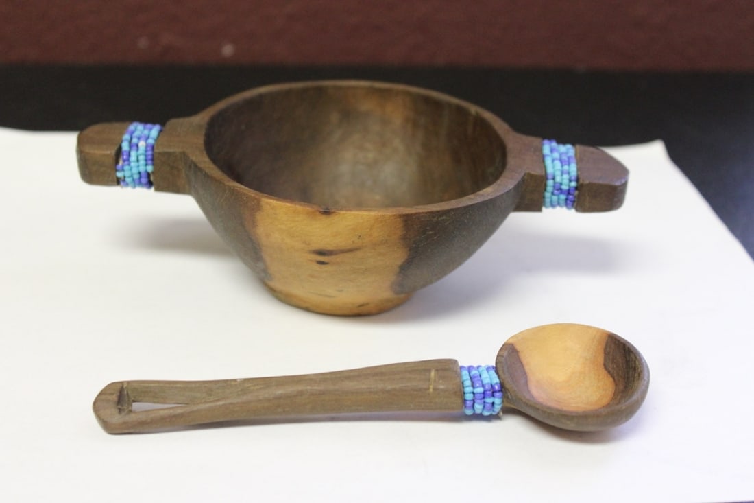 A Decorative Wooden Bowl and Spoon: 6 1/2 inches from handle to handle -vintage, possibly Indian decent