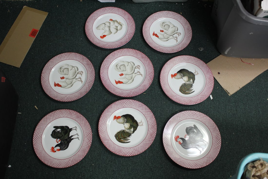 Lot of 8 Poultry Dinner Plates: roosters/hen/chicken - 10 3/8" in diameter each