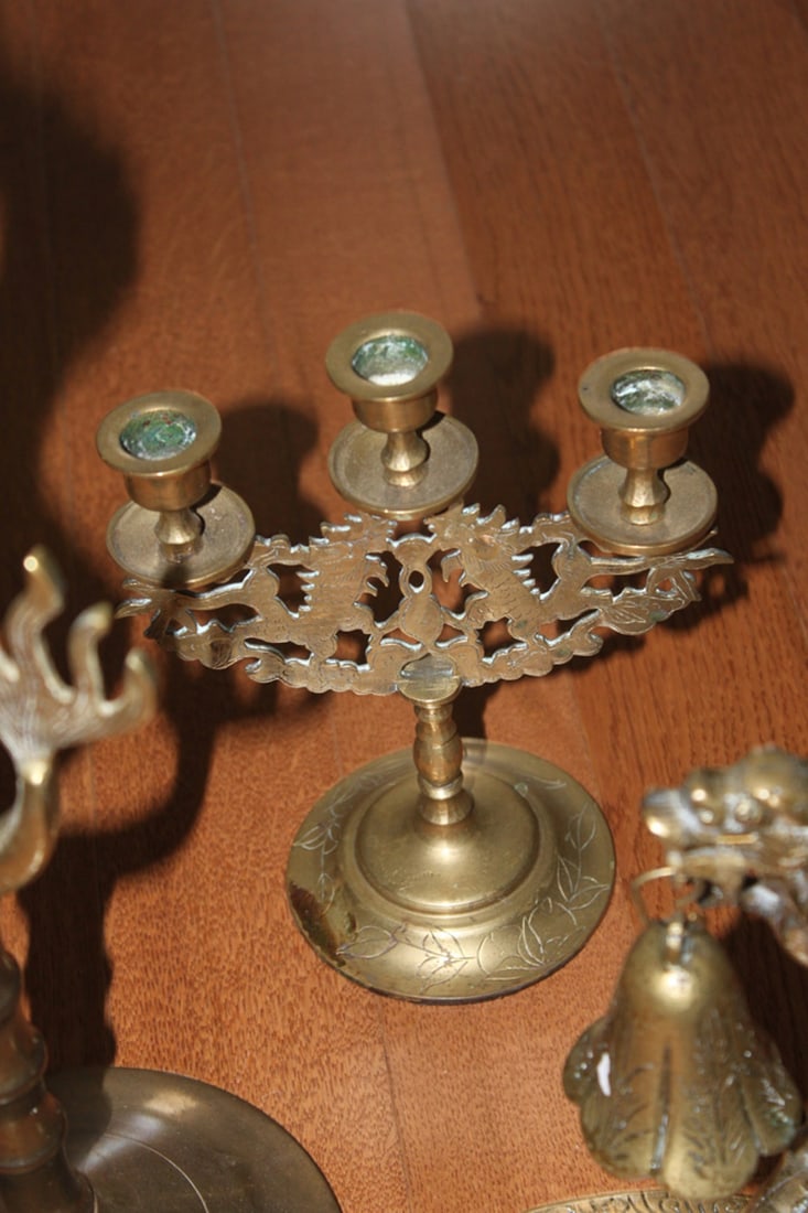 Lot of Three Chinese Brass Candle Sticks - 10
