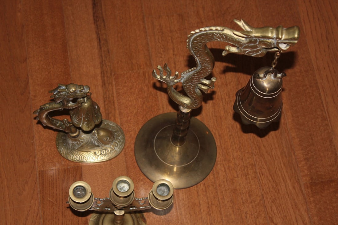 Lot of Three Chinese Brass Candle Sticks - 11