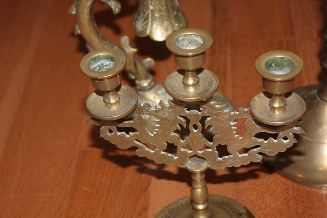 Lot of Three Chinese Brass Candle Sticks - 4