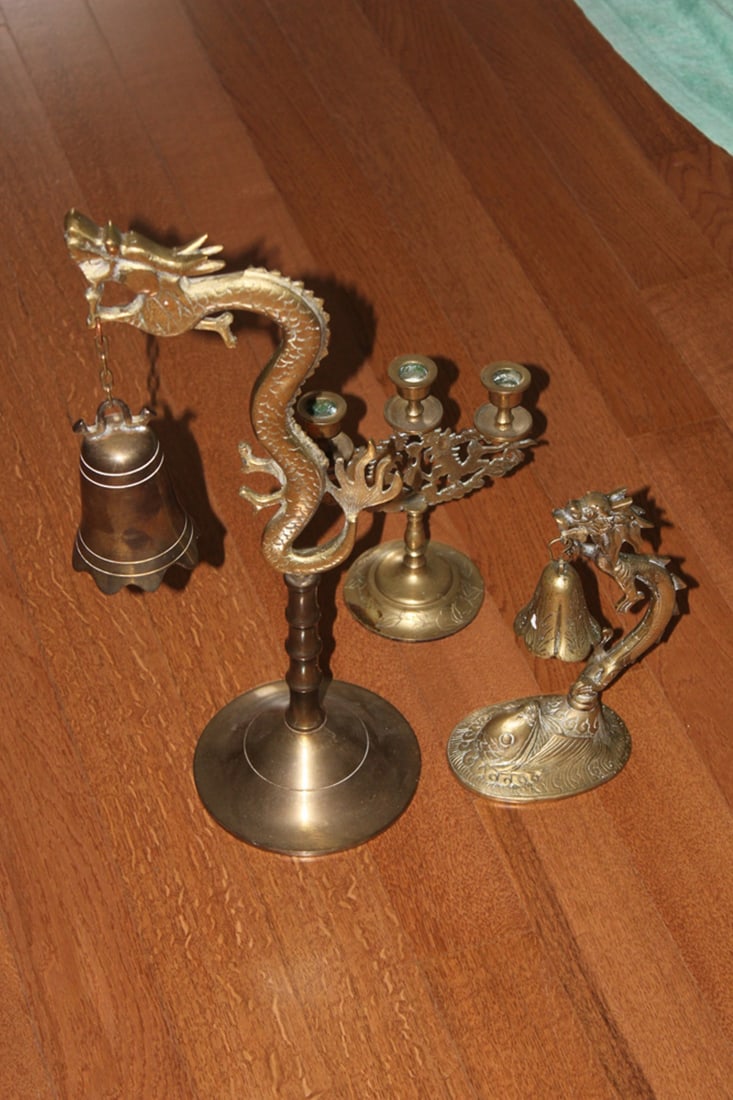 Lot of Three Chinese Brass Candle Sticks - 6