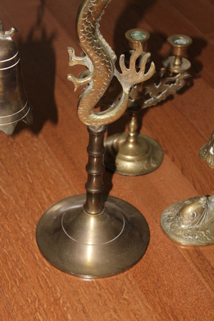Lot of Three Chinese Brass Candle Sticks - 8
