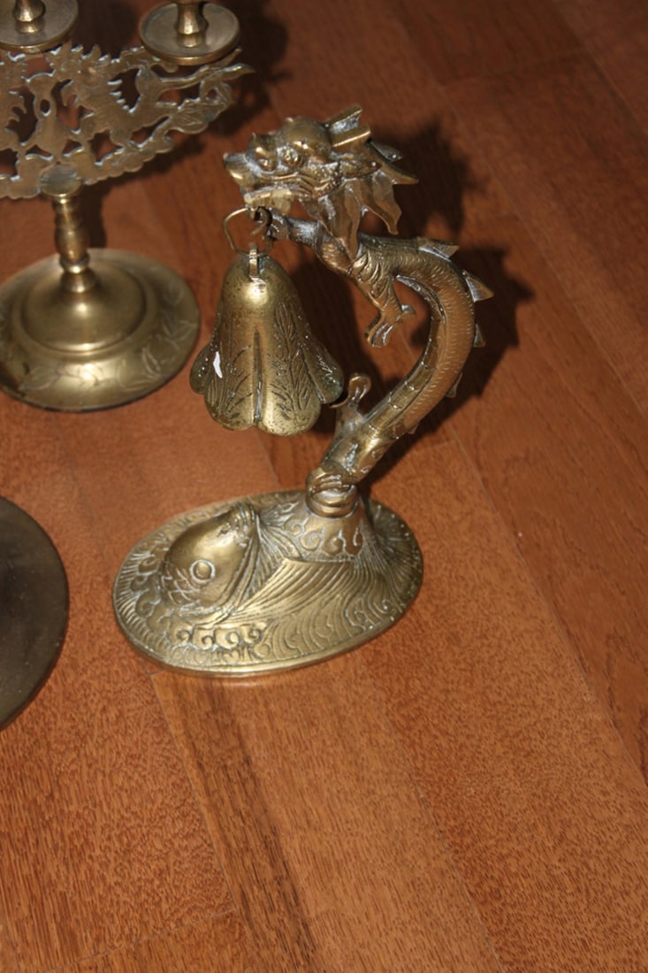 Lot of Three Chinese Brass Candle Sticks - 9