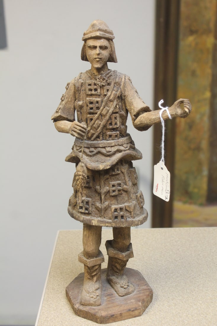 Handcrafted Wooden Fisherman: old, but exact age unknown - 13 1/4" tall