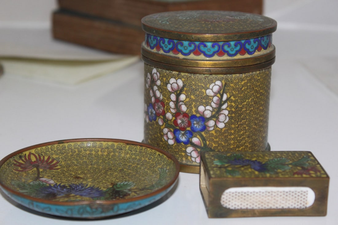 Lot of Three Antique Chinese Cloisonne: Circa early to mid 20th century. Boxes measure at 3 5/8" tall.